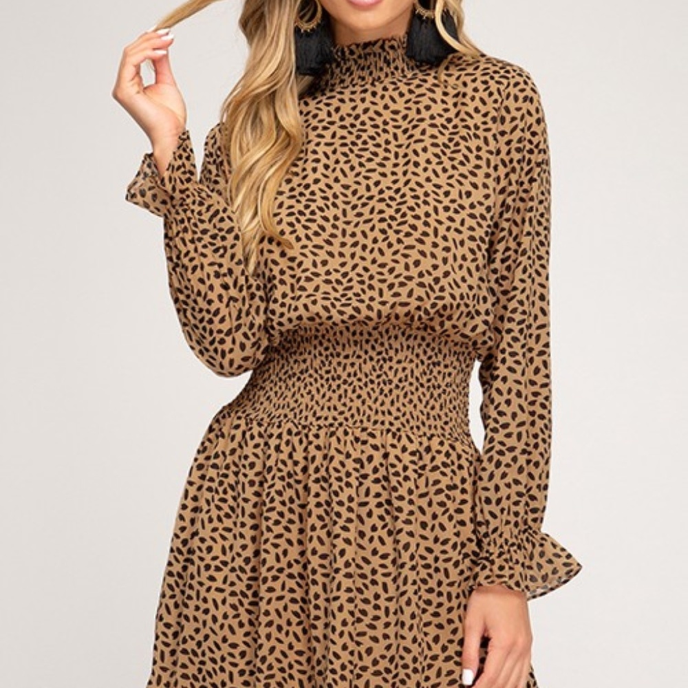 Detail Print Chiffon Dress - Camel/Black